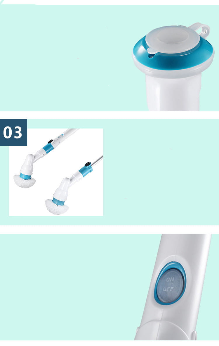 White and blue electric spin scrubber with a brush head attachment designed for kitchen and bath cleaning tasks.