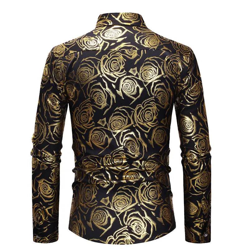 Chemise décontractée pour homme à manches longues avec motif de roses noir et or, réalisée dans un tissu lisse et brillant.