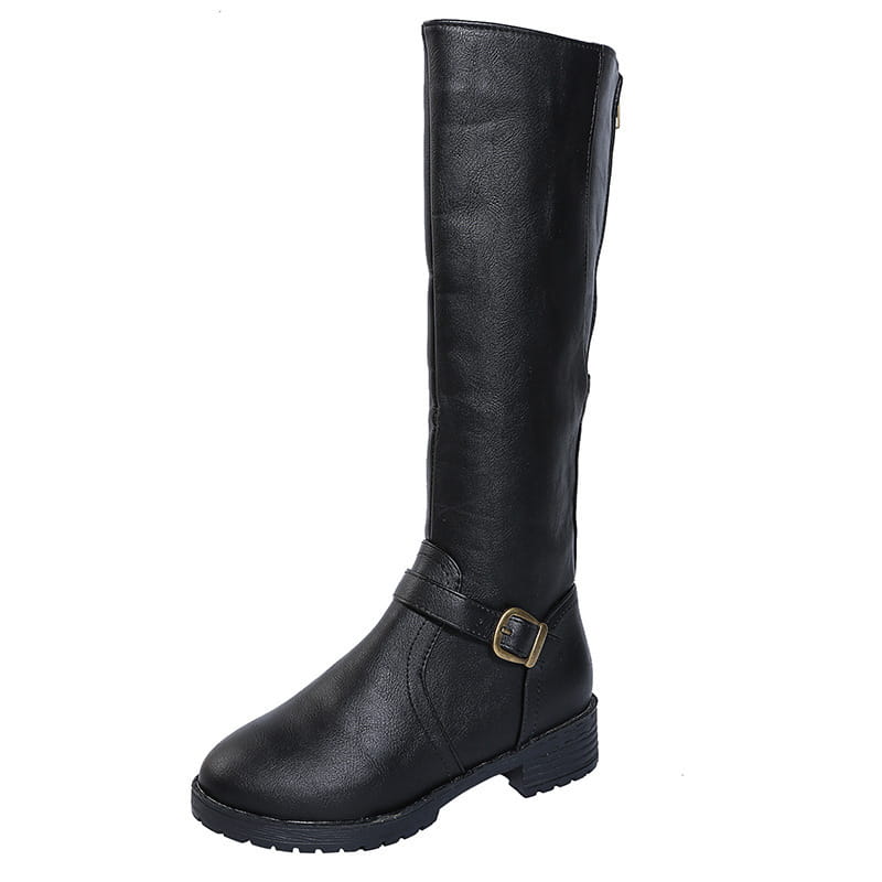 Black leather knee high knight boot with gold toned buckle strap and low block heel.