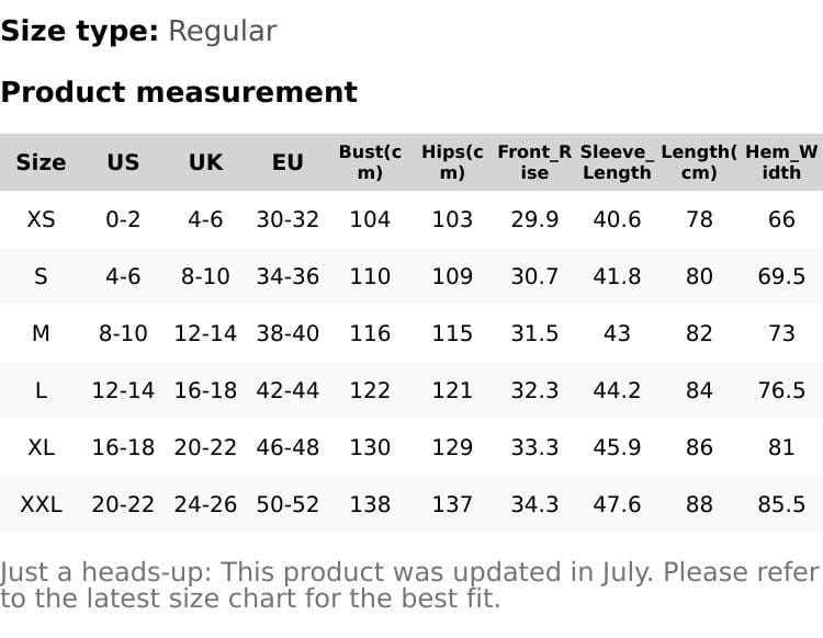 The product measurement chart for the regular size type of the button up summer jumpsuit is displayed.