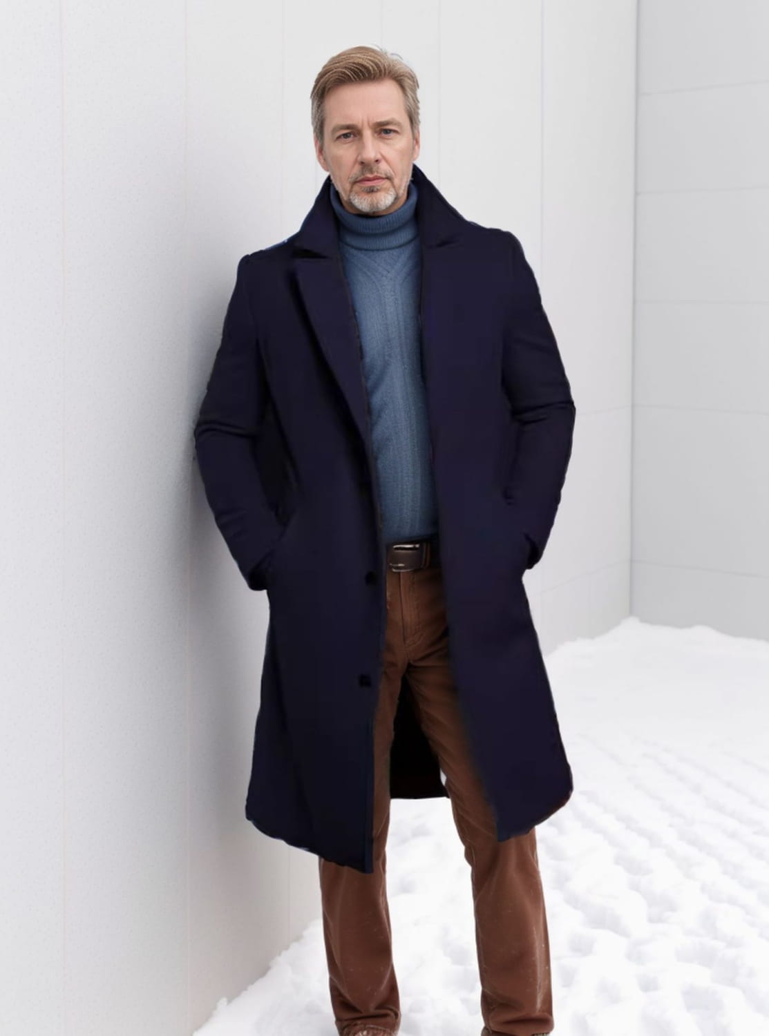 A man wearing a men’s woolen trench coat dark gray business overcoat with navy blue wool, black buttons, and a high collar.