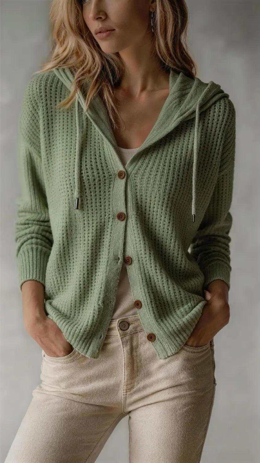 Ein weicher, salbeigrüner Strick-Cardigan mit Kapuze mit strukturiertem Muster und Holzknöpfen, entworfen als Damenpullover mit weitem Schnitt.