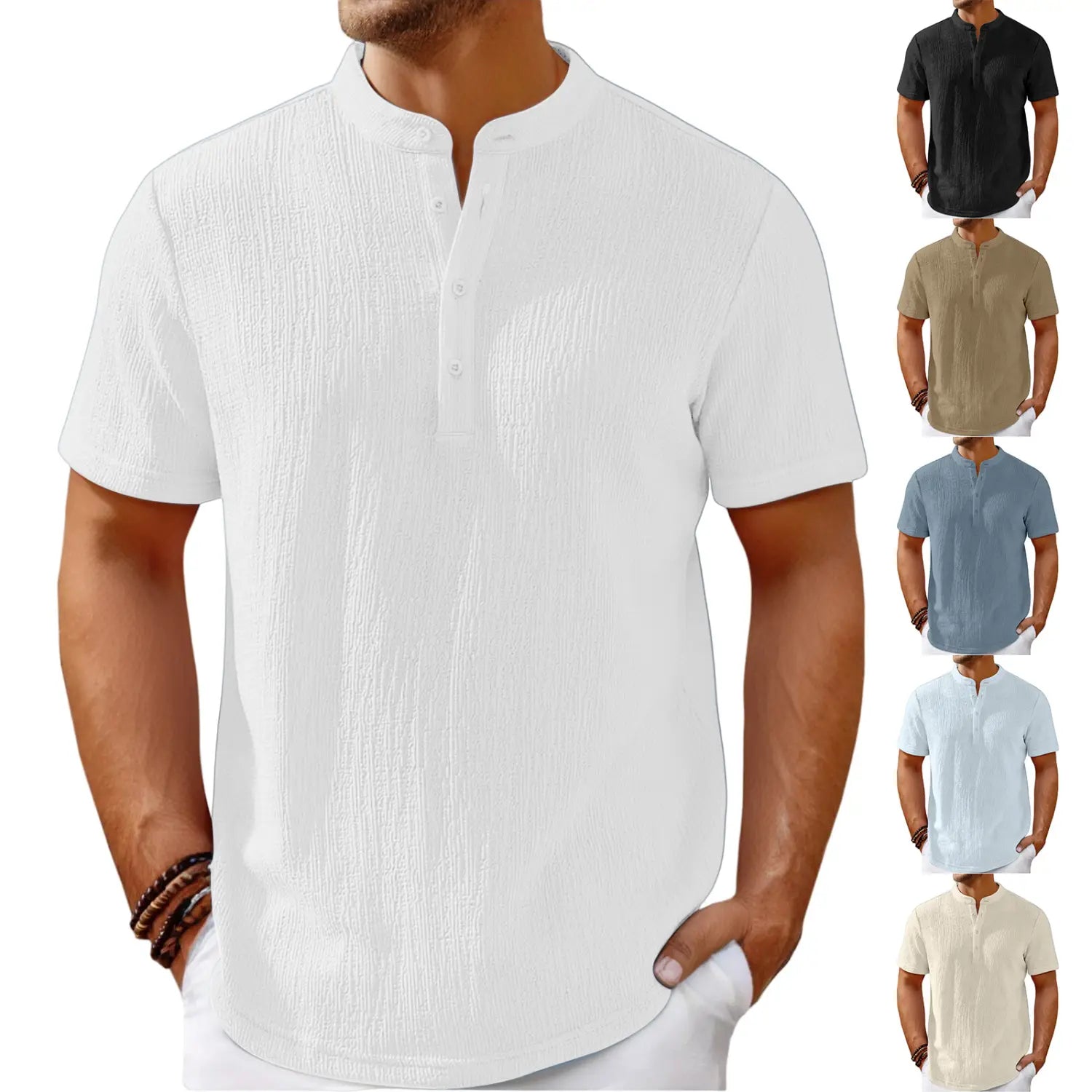 Chemise henley rétro en coton lin texturé pour hommes, blanche, avec un motif côtelé vertical discret et une patte boutonnée à manches courtes.