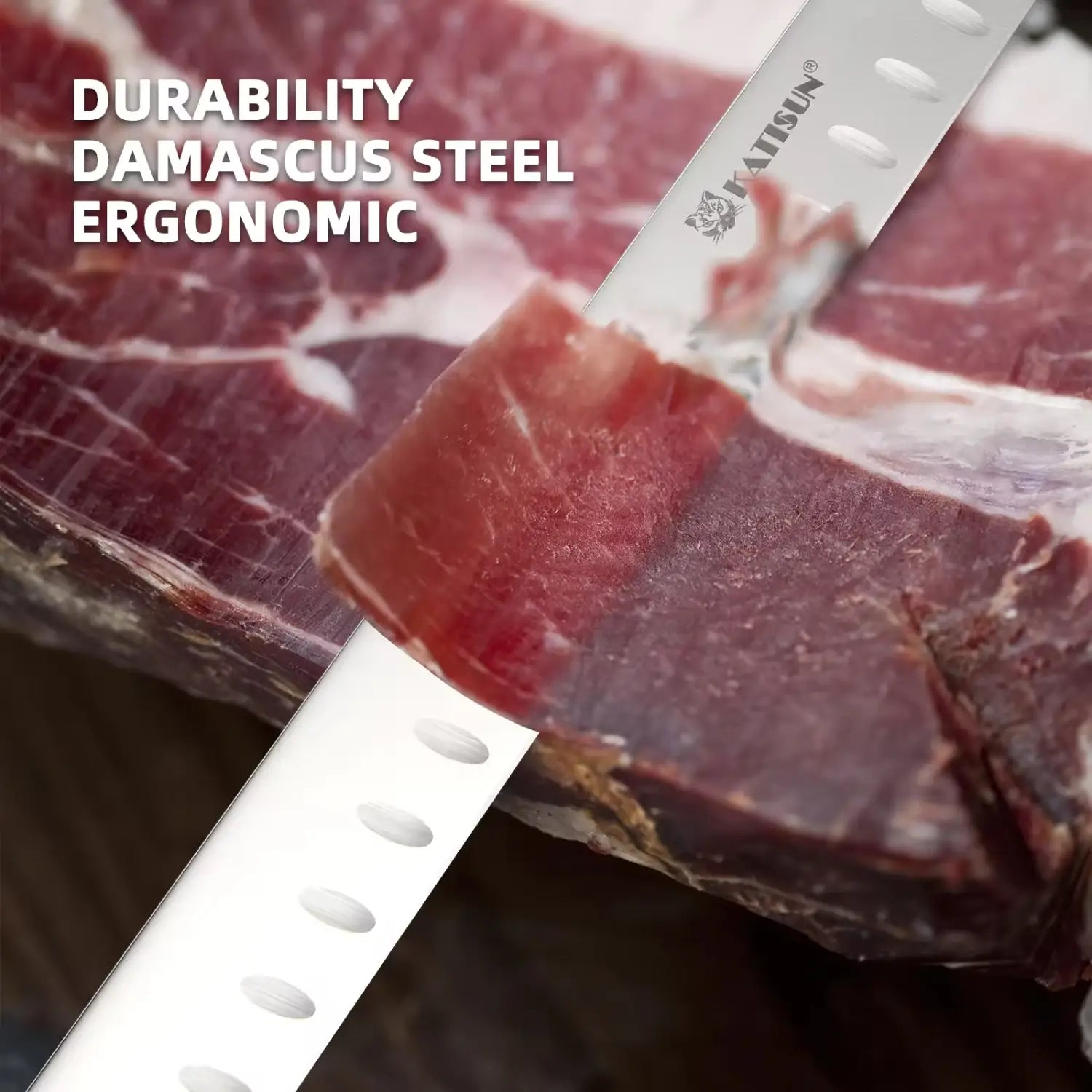 A sleek silver katsun carbon steel 10 inch chef knife with a damascus steel blade and ergonomic handle slicing thinly sliced cured meat.