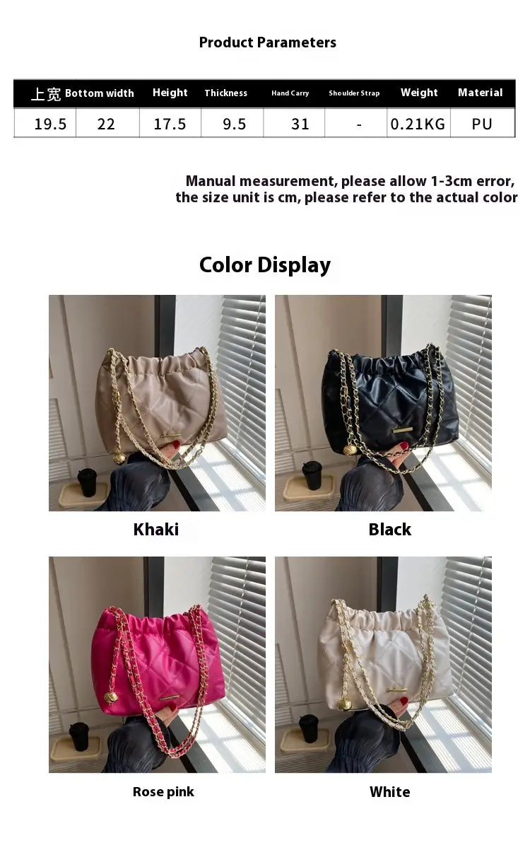 A stylish quilted faux leather crossbody bag with a drawstring top and gold-tone chain strap available in khaki, black, rose pink, or white.