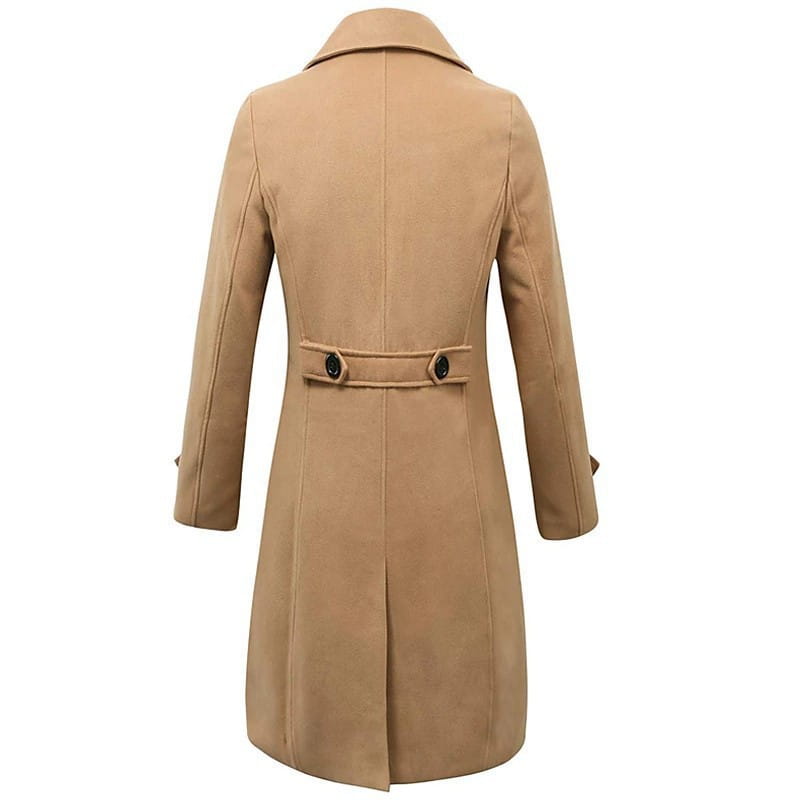 Men wool trench coat double breasted Korean style beige woolen trench coat with a belted waist and black buttons.