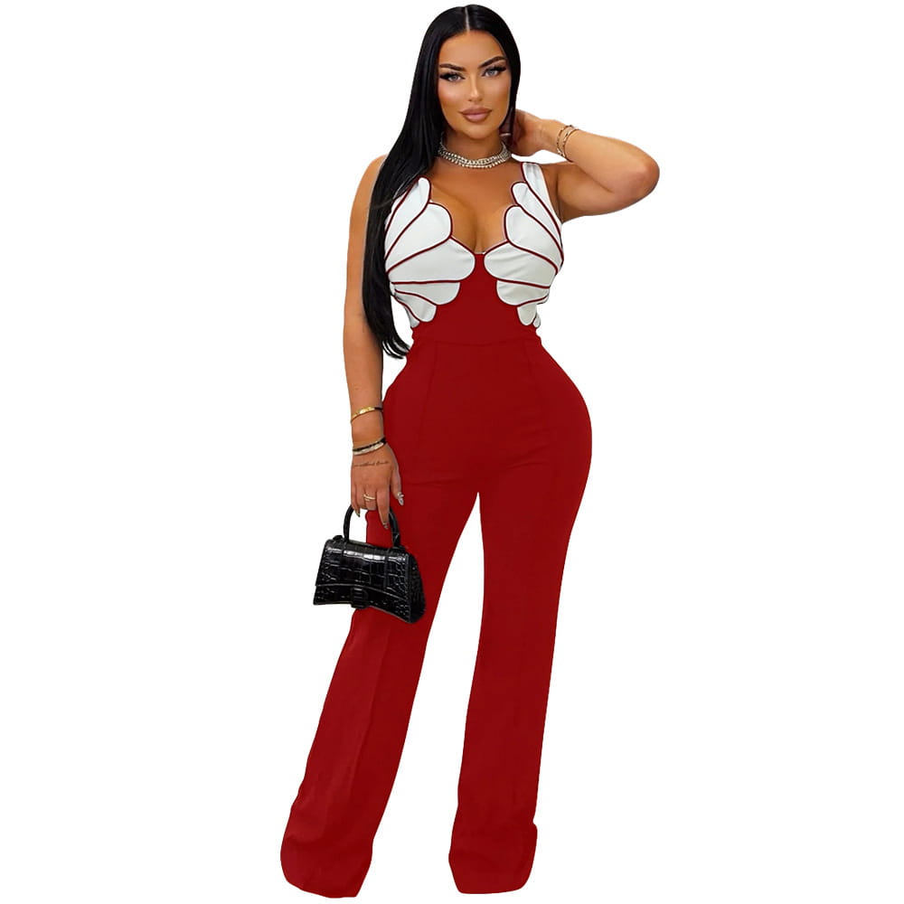 Red jumpsuit featuring a white wing-shaped bodice with black trim designed in a butterfly wing slim fit style.