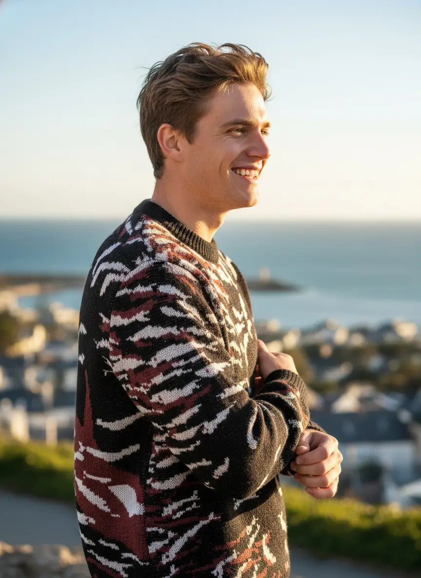 Ein Mann in einem schwarzen, weißen und bordeauxfarben gemusterten Strickpullover mit Rundhalsausschnitt aus der Kollektion des Orca-Strickpullovers im Casual-koreanischen Pullover-Stil.