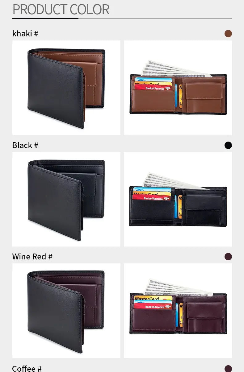 men’s genuine leather bifold wallets in khaki black wine red and coffee with brown interior lining and coin pocket.