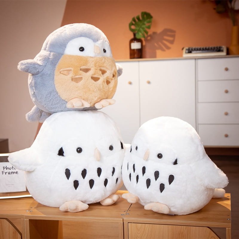 Owl plush stuffed animal round soft doll toy featuring soft plush material in white and gray with black eye markings and tan facial details.