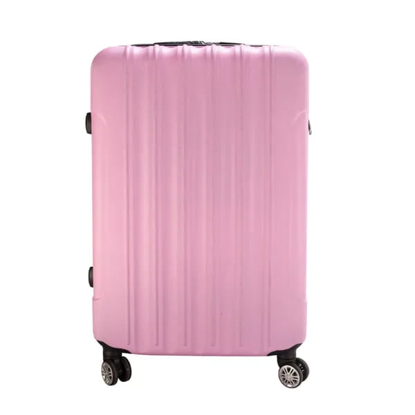 pink hard shell large capacity suitcase with vertical ribbed texture and black spinner wheels from a 3-in-1 suitcase set