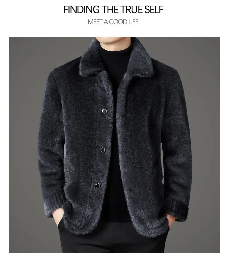 dark gray faux fur winter coat for men featuring a plush collar and ribbed cuffs