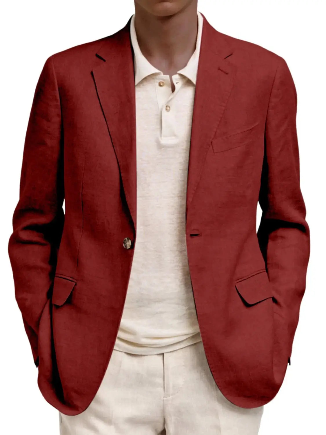Herren-Leinen-Slim-Fit-Casual-Blazerjackett in sattem Rot mit strukturierter Oberfläche und schwarzer Verzierung entlang der Reversknopflöcher sowie der Taschenklappen.