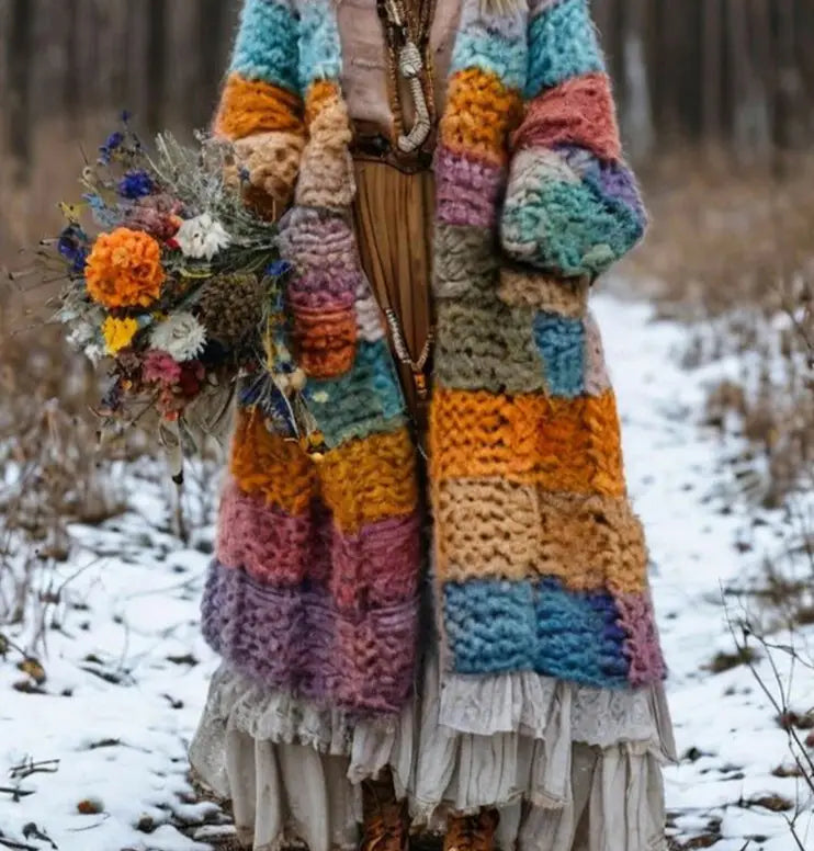 Ein langer, bunter, gehäkelter Kapuzen-Patchwork-Mantel aus dickem, strukturiertem Garn in Regenbogenfarben von Orange, Türkis, Violett und Pink.