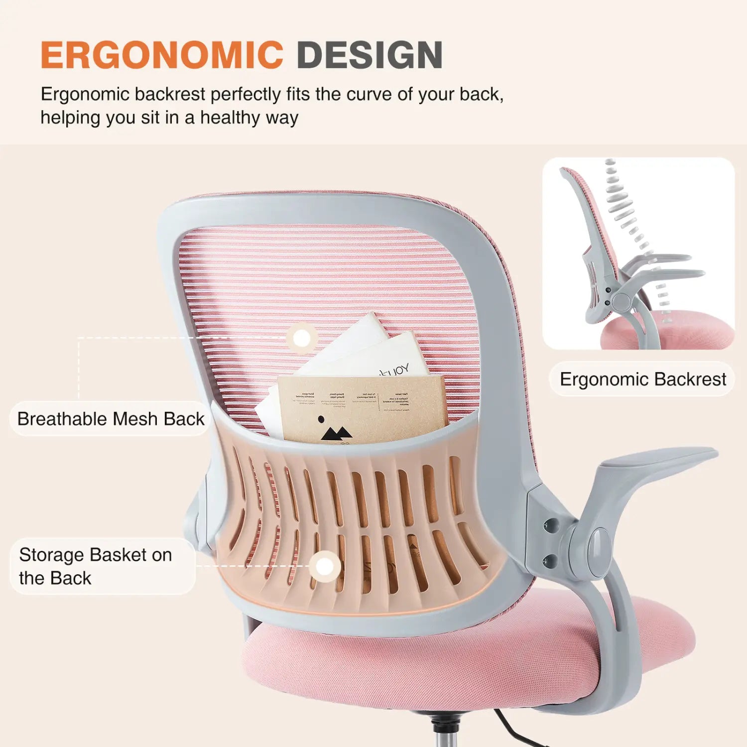Chaise de bureau à maillage rose pour le dessin avec anneau pour les pieds réglable, illustrant une chaise de bureau ergonomique rose et grise avec dossier en maille respirante, panier de rangement à l’arrière et accoudoirs réglables.