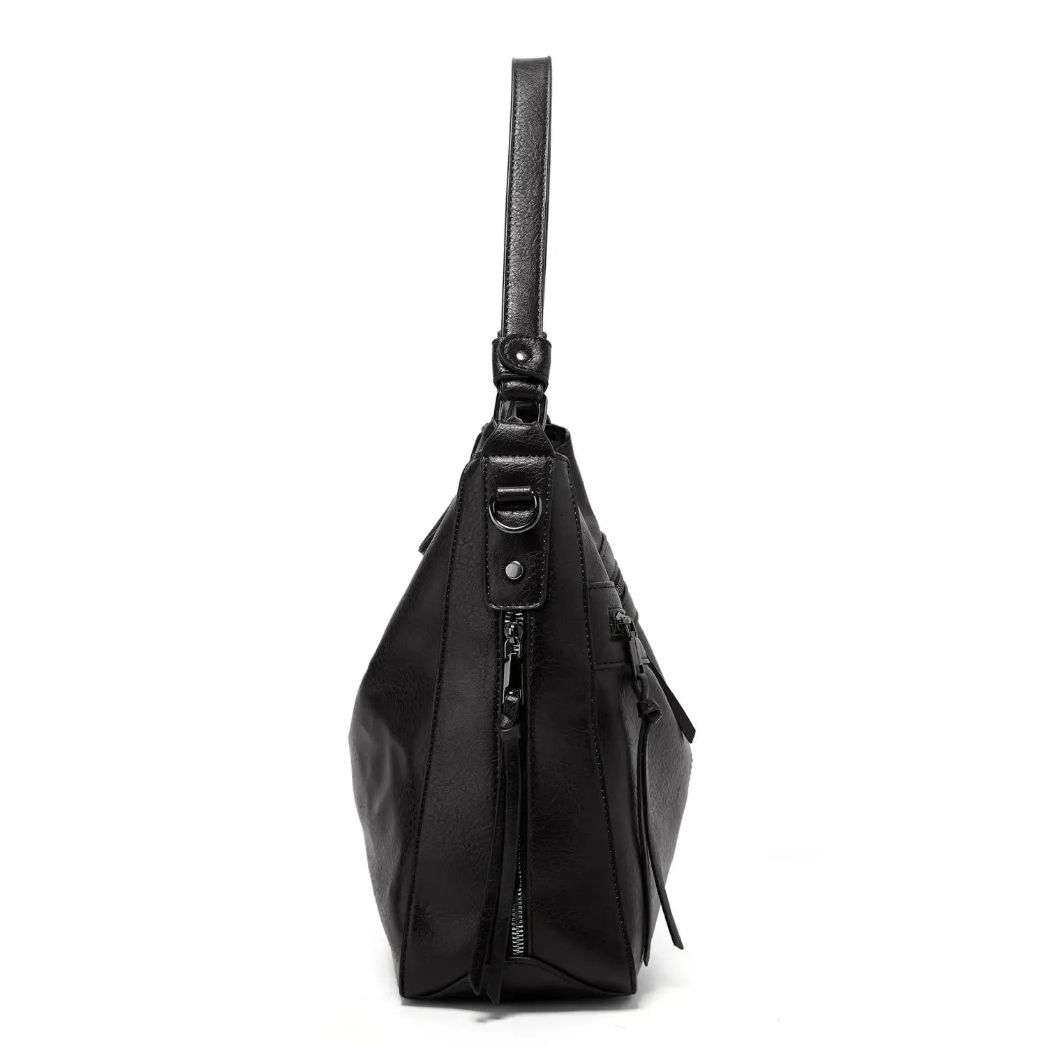 Schwarze Lederschultertasche mit elegantem, minimalistischem Design und mehreren Reißverschlüssen für sichere Aufbewahrung im Crossbody-Tote-Stil.