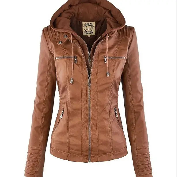 Brown faux leather moto jacket with detachable hood featuring a zipper front, two side pockets, and adjustable drawstrings on the hood.