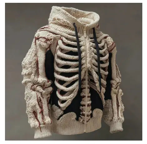 Herrenhoodie aus cremefarbenem Strick mit einem detaillierten 3D-skelettartigen Rippenkorb- und Armknochenmuster aus strukturiertem Garn.