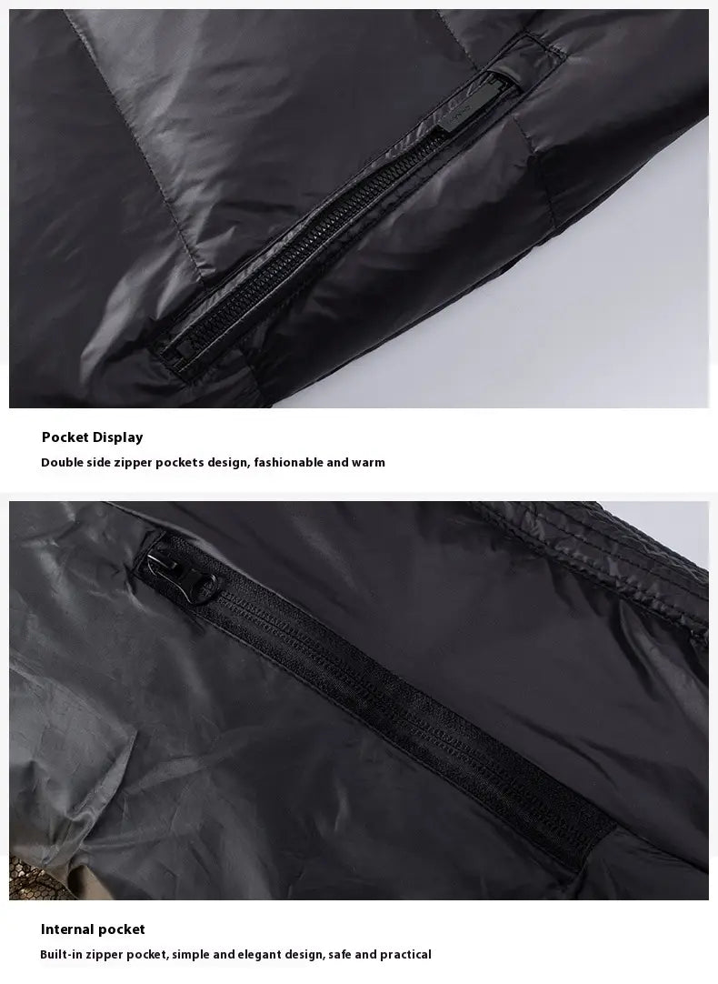Chaqueta acolchada tipo puffer de oro negro en negro, con bolsillos laterales dobles con cremallera y un bolsillo interno con cremallera integrado.