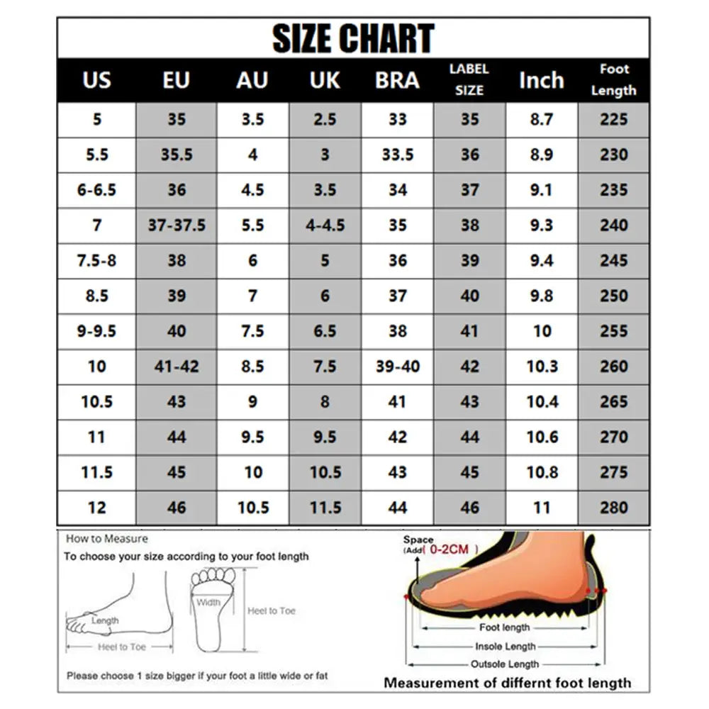 A detailed size chart for brown suede Chelsea boots with chunky platform sole displaying US EU AU UK BRA and inch measurements alongside foot length guidelines with diagrams.