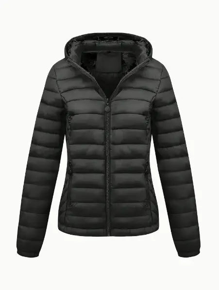 Black quilted puffer jacket with a hood lined in soft fleece designed as a women hooded winter jacket.