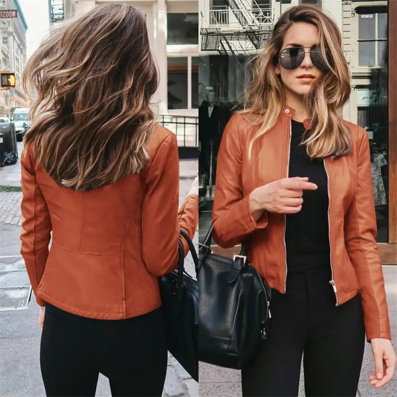 A stylish rust-colored women’s faux leather bomber jacket with a sleek fitted design and subtle stitching details suitable for urban casual wear.