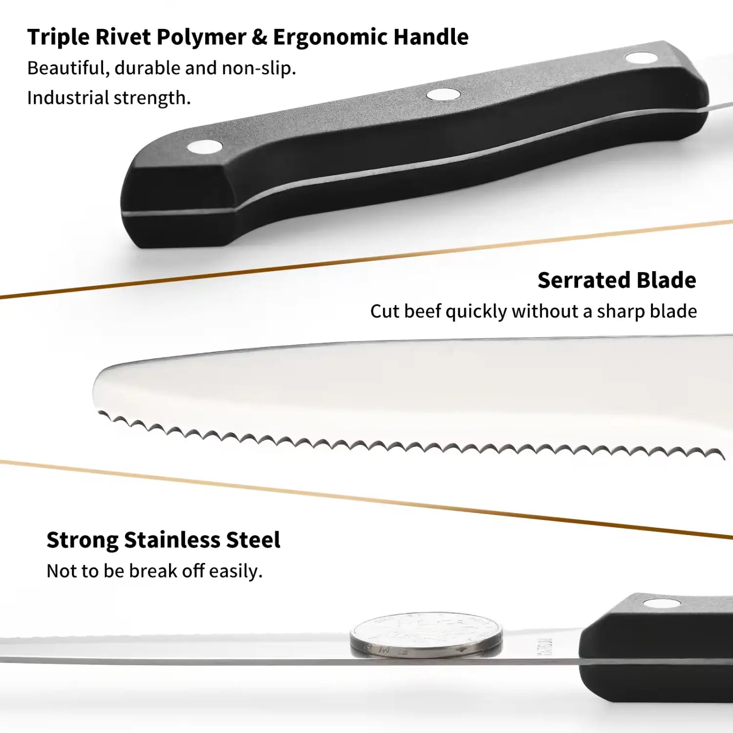 Cuchillo de cocina de asa de polímero con triple remache negro y hoja de acero inoxidable dentada, de un set de 12 piezas de cuchillos de cocina de acero al carbono con mangos de ABS.