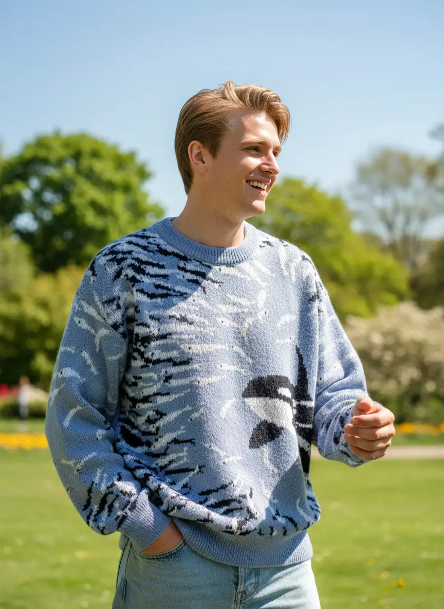 Hellblauer Strickpullover im Orca-Stil mit markantem Schwarz-Weiß-Abstrakt-Tierstreifen-Muster im Casual-Koreanpullover-Stil.