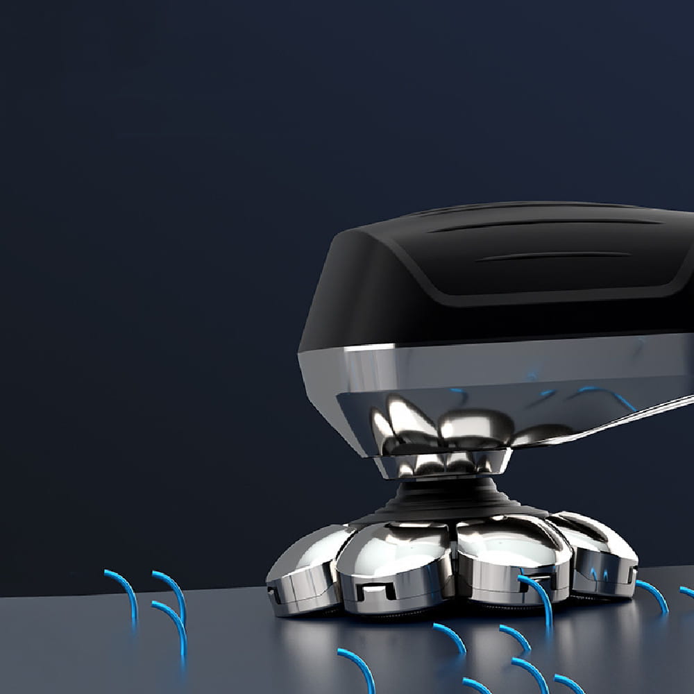 A sleek black and silver metallic 8-in-1 electric head shaver with waterproof design and multiple grooming functions.