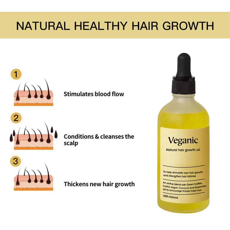 A clear glass bottle with a black dropper cap contains yellowish-green vegan natural hair growth oil labeled veganic on its beige label for essential treatment.