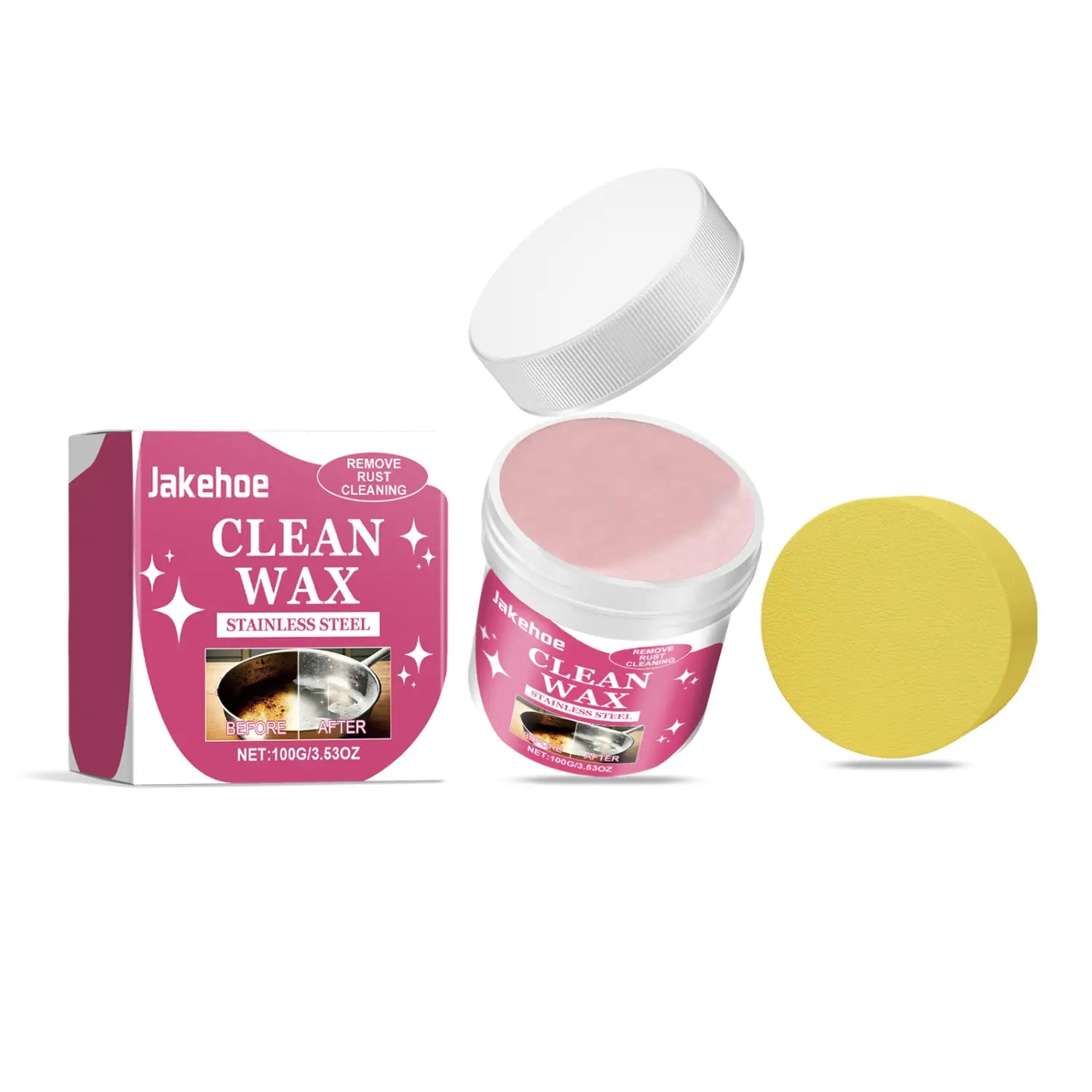 Pasta limpiadora de acero inoxidable para manchas en utensilios de cocina en un recipiente blanco con cera limpiadora de acero inoxidable etiquetada en rosa y una esponja amarilla al lado.