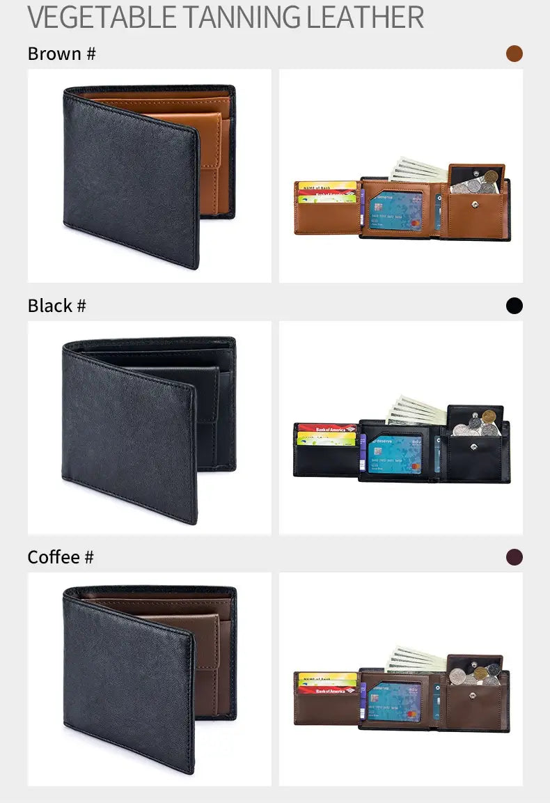 Men’s genuine leather bifold wallet with coin pocket in brown vegetable tanning leather featuring a contrasting tan interior and stitched edges.