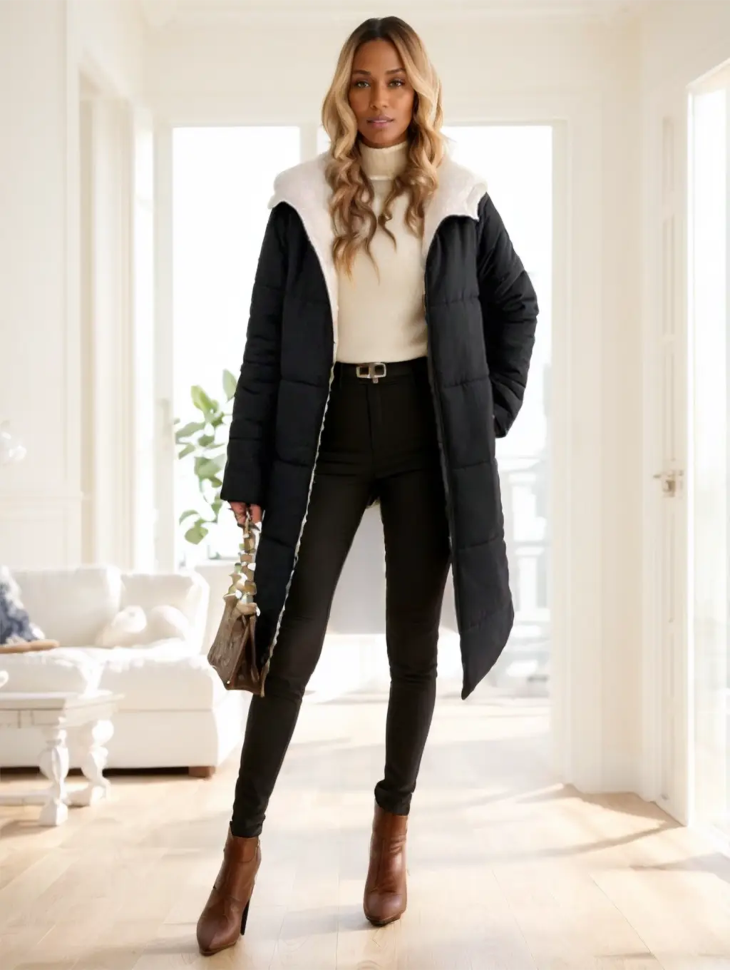 Black women winter hooded quilted puffer coat with white shearling lining designed for cold weather.