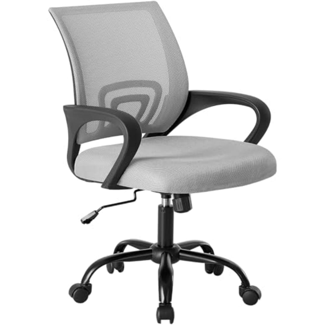Ergonomic mesh office chair with lumbar support featuring gray mesh material with black armrests and base.