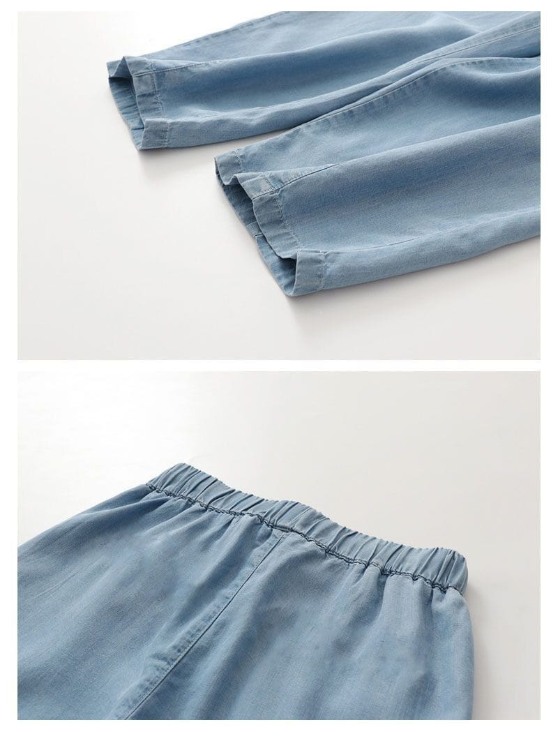 light blue cotton harem jeans with high waisted elastic waistband and drawstring denim pants