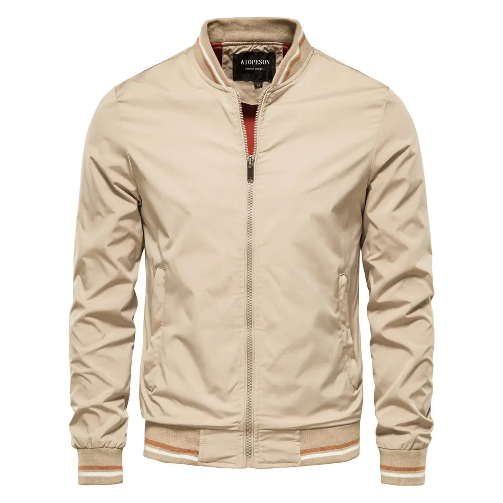 Men’s casual beige a1opeson bomber jacket with ribbed cuffs and waistband accented by tan stripes zip outerwear.