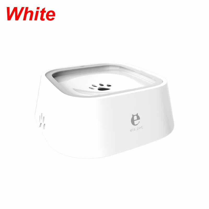 White plastic anti-splash pet water fountain with 1.5l capacity and paw print design on the lid and side.