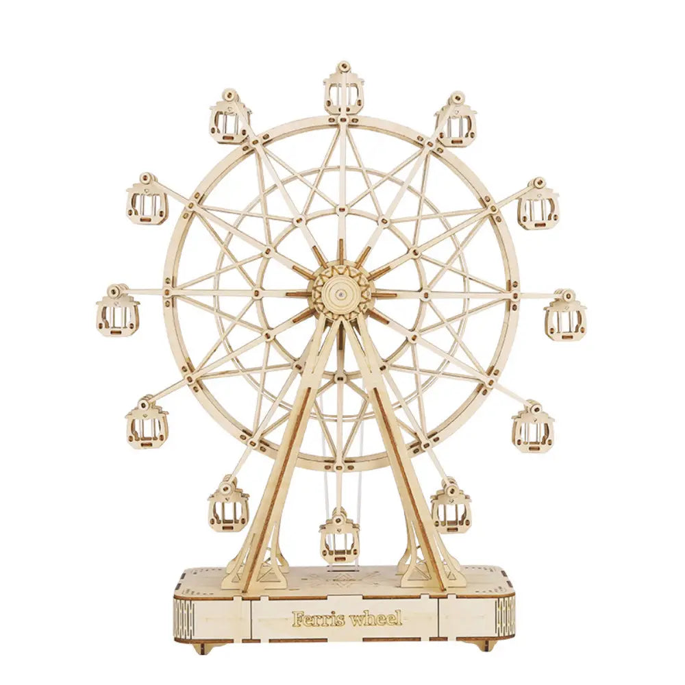 A light-colored wooden 3d puzzle ferris wheel model with intricate laser-cut details and small passenger cabins.