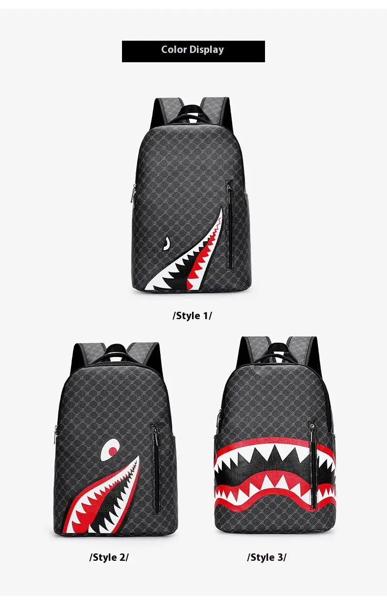 black backpack made of pu material with large capacity featuring a repeating geometric pattern and bold white and red shark mouth designs in three distinct styles suitable for business use