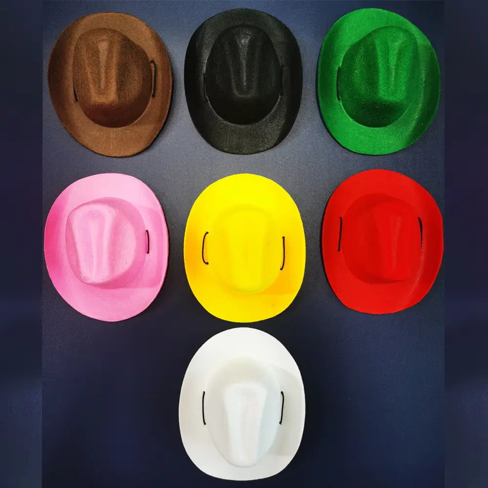 A set of seven colorful soft felt pet cowboy hats in brown black green pink yellow red and white for dogs and cats costume.