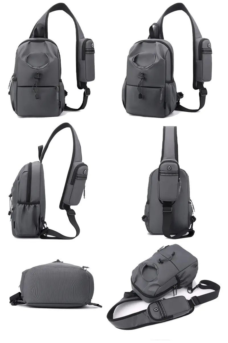 Graue wasserdichte Herren-Oxford-Gewebe-Minimalist-Crossbody-Brusttasche aus Nylon mit mehreren Reißverschlussfächern und verstellbarem Schulterriemen.