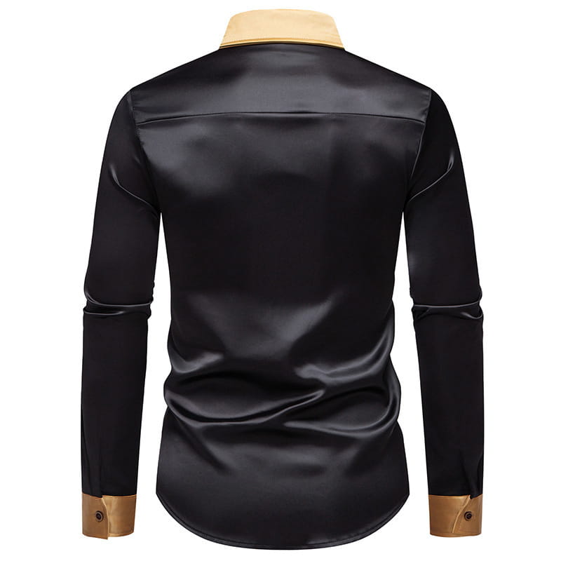 Camisa de vestir para hombre en satén negro con cuello y puños en color dorado, de la colección de camisas de manga larga colorblock de satén.