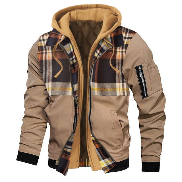 plus size fleece lined hooded bomber jacket in beige plaid with quilted lining zippered pockets and a black zipper patch on the sleeve