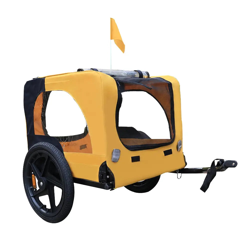 yellow heavy duty foldable dog bicycle trailer in yellow and black with a clear mesh window and a small flag on top