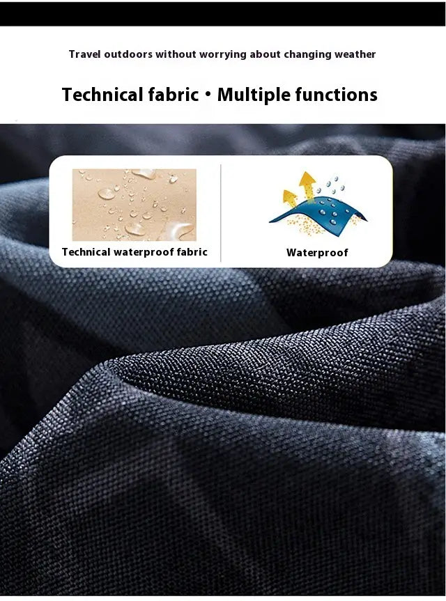 Dark blue men’s waterproof tactical fleece soft shell jacket fabric with a textured weave designed for outdoor use.