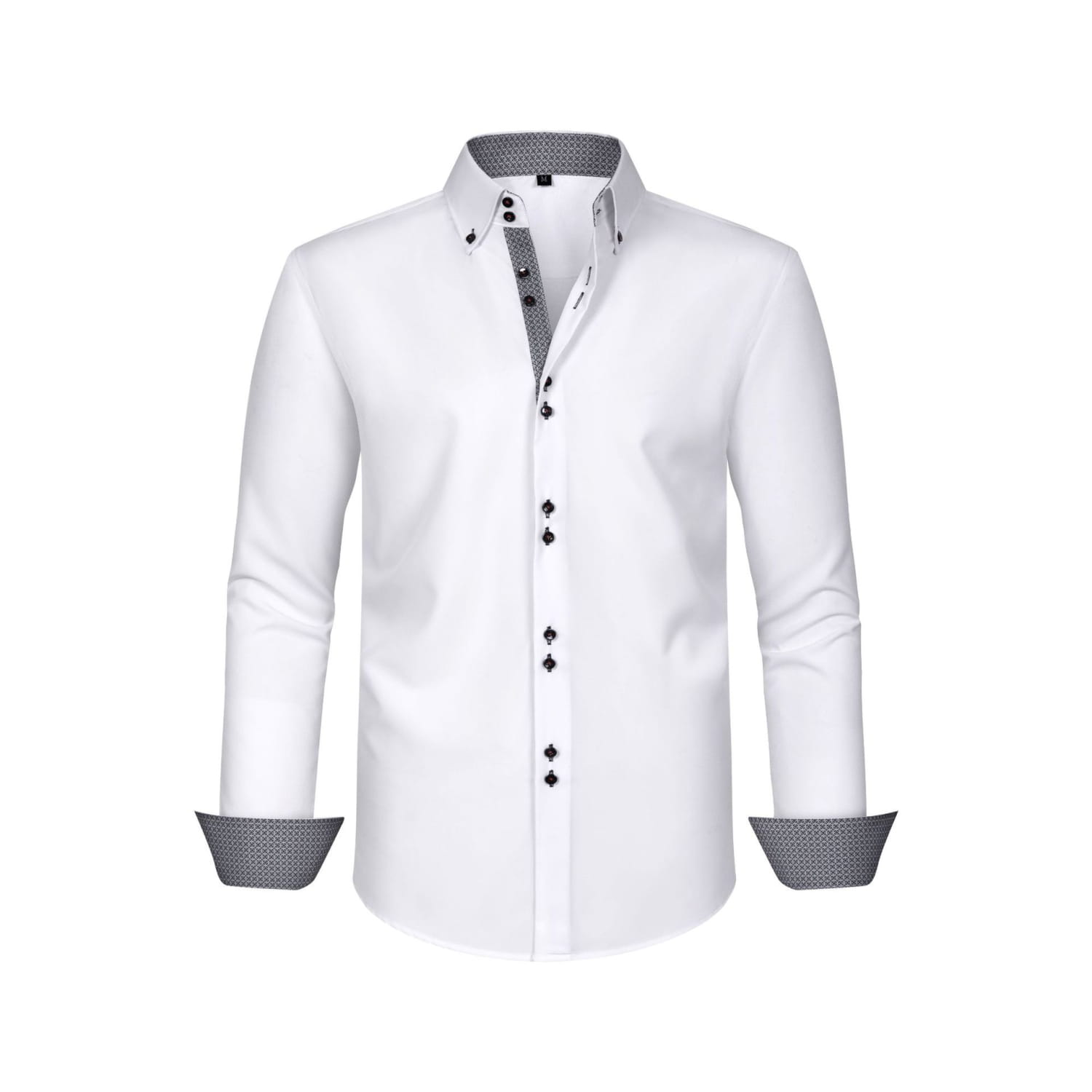 Chemise habillée stretch à empiècements contrastés blanche pour homme, avec des boutons noirs et des accents subtils à motifs gris sur le col, les poignets et la patte de boutonnage.