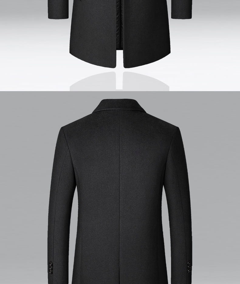 Black wool overcoat with a classic notched collar and tailored fit designed as a mens wool overcoat warm winter jacket.