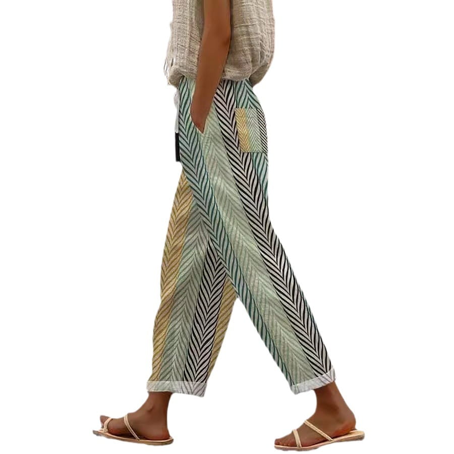 casual patterned drawstring pocket pants featuring a relaxed fit with a muted green beige and black herringbone print.