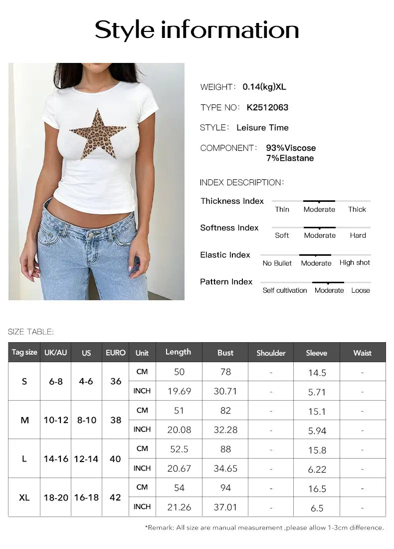 White slim fit short sleeve crop top featuring a leopard-print star graphic on the chest.