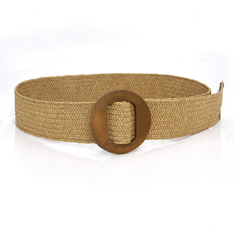 beige woven elastic belt with a round wooden buckle displayed against a white background